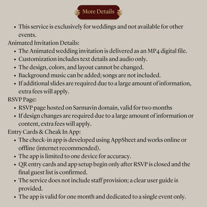 Custom Animated Invitation, RSVP, QR Entry Cards with Check-In App