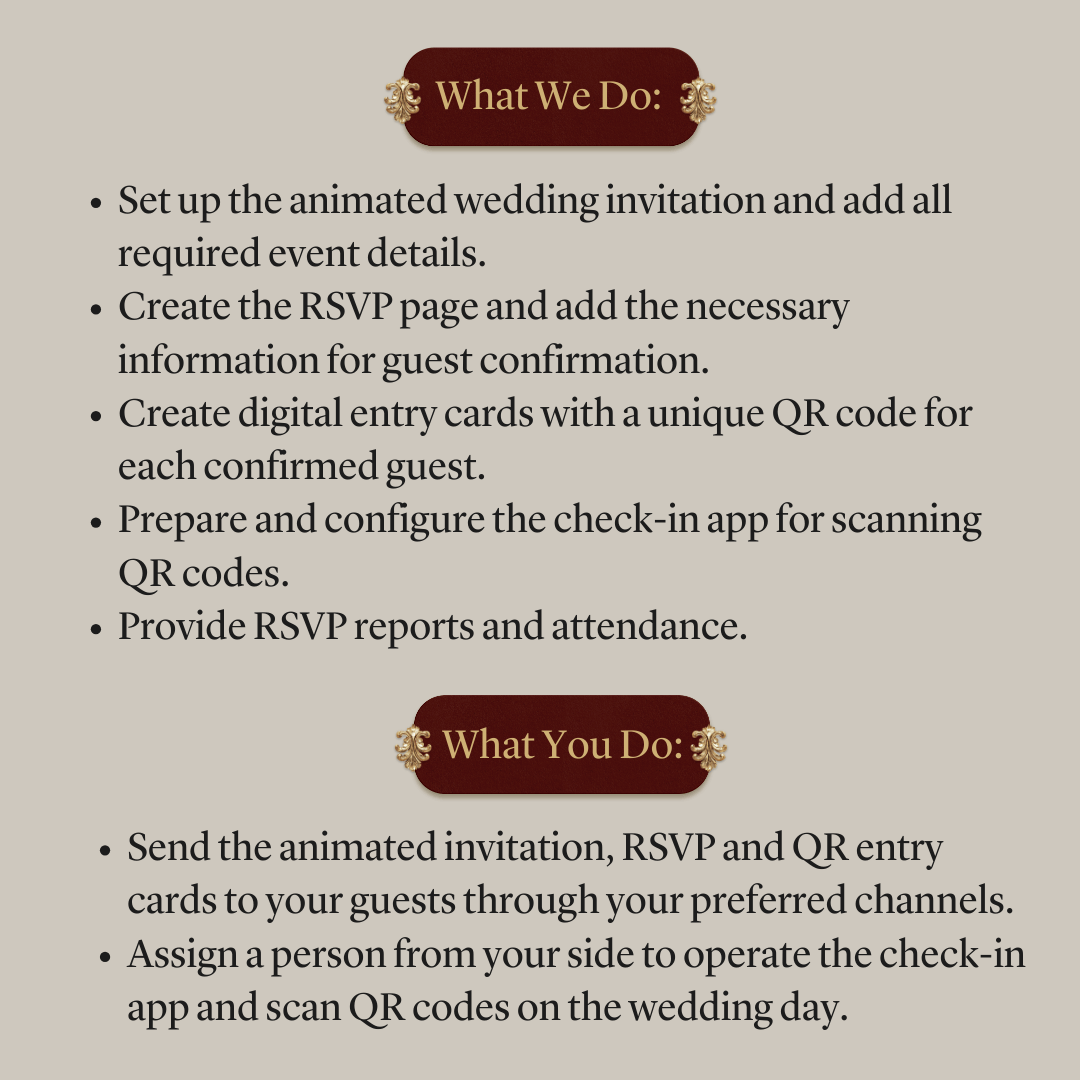 Custom Animated Invitation, RSVP, QR Entry Cards with Check-In App
