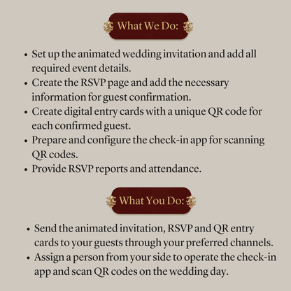 Custom Animated Invitation, RSVP, QR Entry Cards with Check-In App