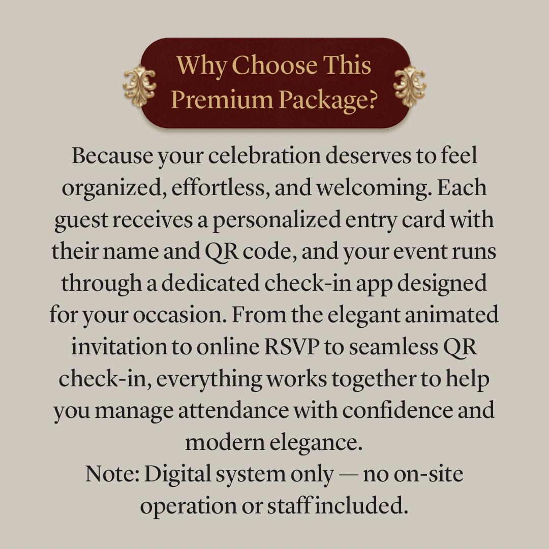 Custom Animated Invitation, RSVP, QR Entry Cards with Check-In App