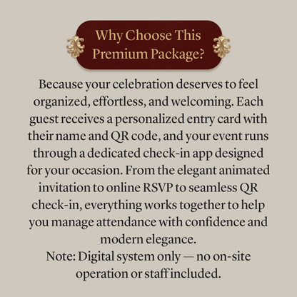 Custom Animated Invitation, RSVP, QR Entry Cards with Check-In App